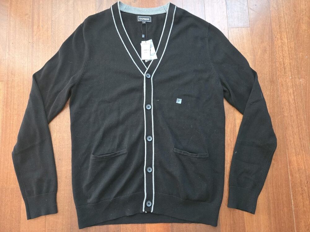 Express Mens M Black Cotton Button Front Cardigan Sweater NWT
